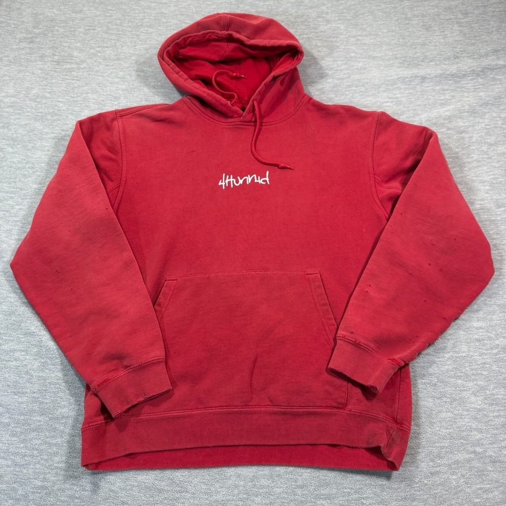 4Hunnid Hoodie Men M Red Pullover‎ Script Logo Streetwear Graphic Distressed